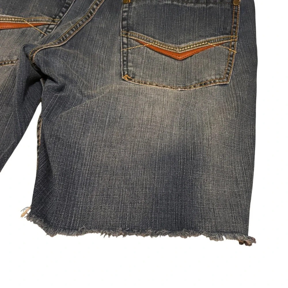 Parish Nation Mens Distressed Denim Shorts Blue Size 36 Raw Hem Embroidered‎